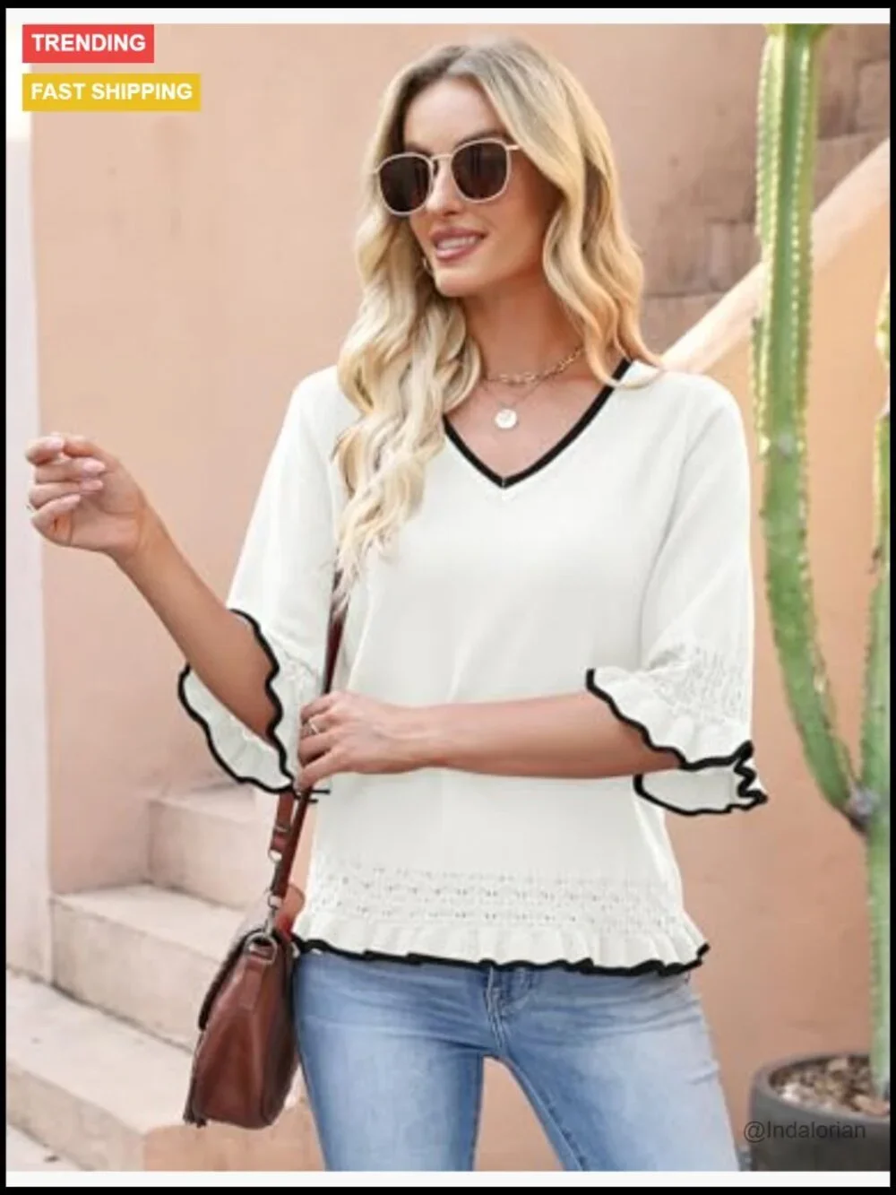 Polypropylene Blend V-Neck Peplum Pullover Sweater 3/4 Sleeve